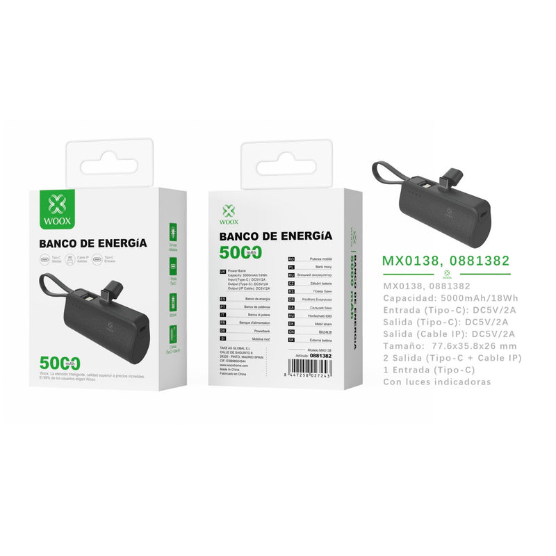 Power bank 5000 mAh 5 V 2 A with IP cable and type C adapter ABS + PC (black) - MX0138 NE