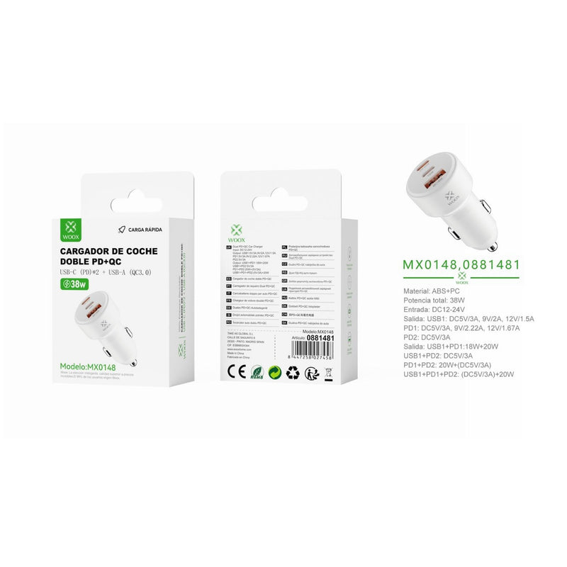 PD*2+QC 38W car charger without cable - white - MX0148 BL