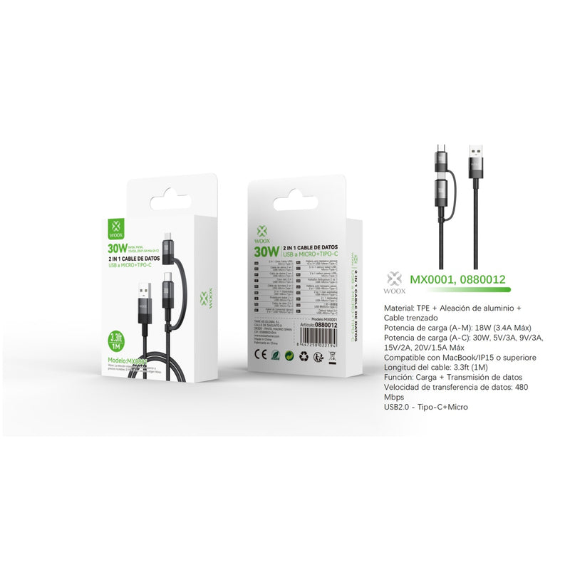 USB to Micro + Type-C 2-in-1 Data Cable 30W 1m - Black - MX0001 NE