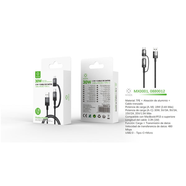 USB to Micro + Type-C 2-in-1 Data Cable 30W 1m - Black - MX0001 NE