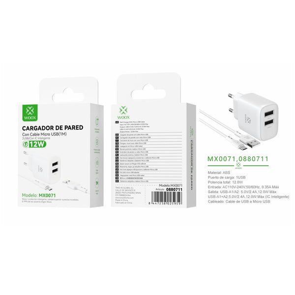 EU 5 V/2.4 A double USB wall charger with micro USB cable (white) - MX0071 BL