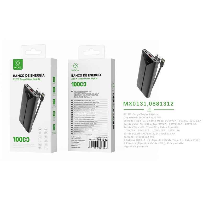 Power bank 10000 mAh 22.5 W with 3 ABS + PC cables (black) - MX0131 NE