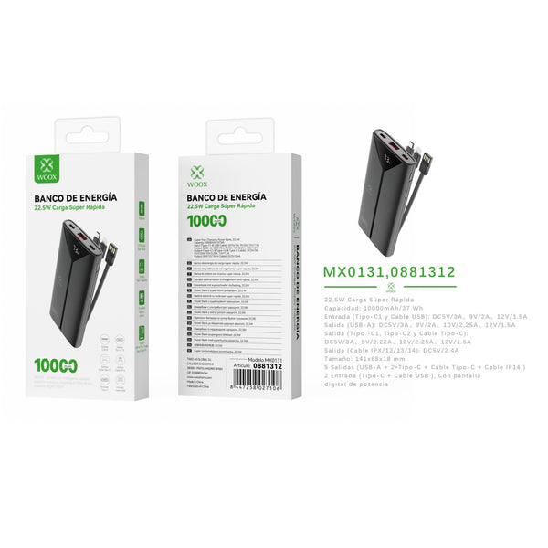 Power bank 10000 mAh 22.5 W with 3 ABS + PC cables (black) - MX0131 NE