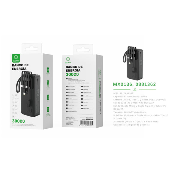 Power bank 30000 mAh 5 V 2 A with 4 ABS + PC cables (black) - MX0136 NE