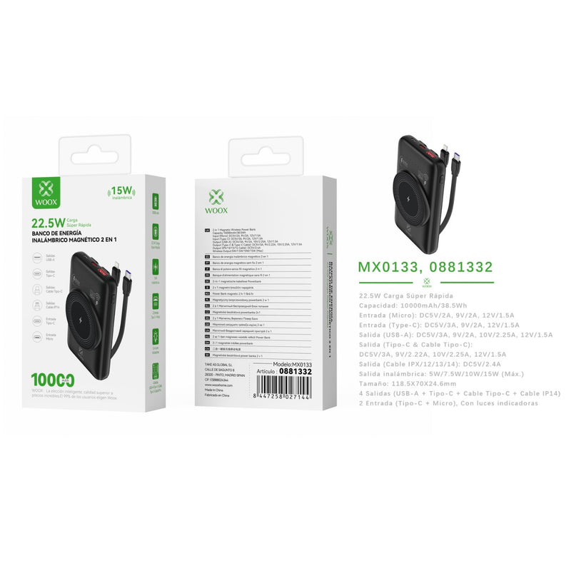 2 in 1 power bank and wireless charge 10000 mAh 22.5 W, wireless charge 15 W with 2 black - MX0133 NE