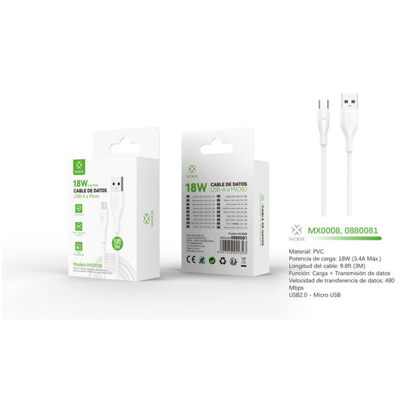 USB to Micro Data Cable 18W 3m - White - MX0008 BL