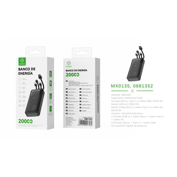 Power bank 20000 mAh 5 V 2 A with 4 ABS + PC cables (black) - MX0135 NE