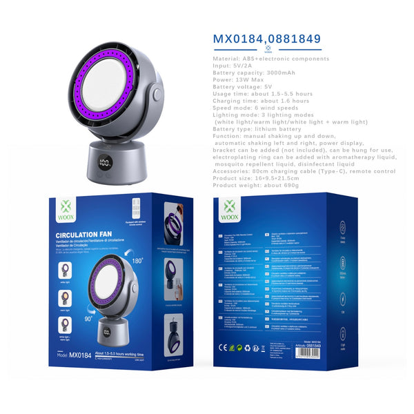 Circulation fan 3000 mAh, 6 wind speeds and 3 light modes, gray - MX0184