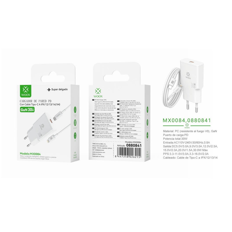 30 W GaN PD ¨2 single EU wall charger with C-Lightning cable (white) - MX0084 BL