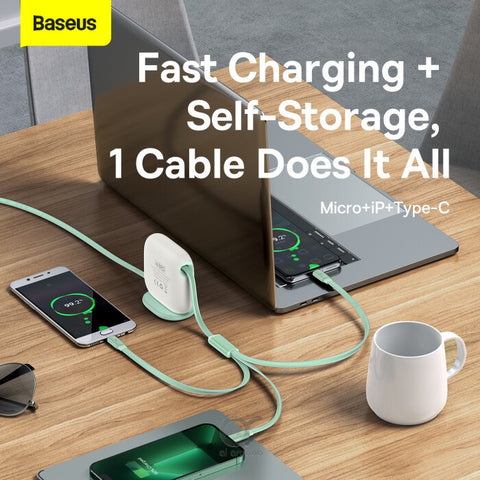 Baseus Traction Series Retractable 3-in-1 Fast Charging Cable (Fast charging easy to store 360° rotation Easy to stick on) White