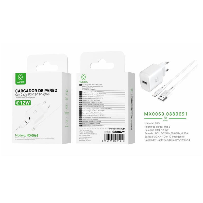 USB wall charger ¨2 single EU 5 V/2.4 A with USB to Lightning cable (white) - MX0069 BL