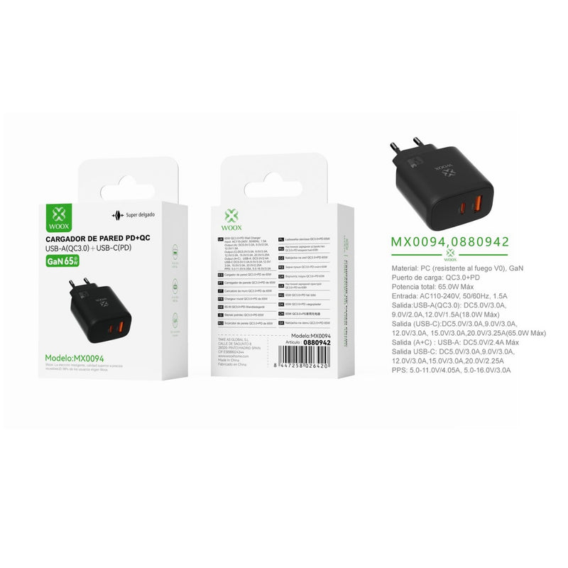 GaN wall charger UE QC+PD 65 W without cable - black - MX0094 NE