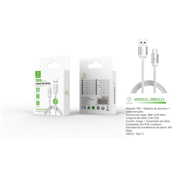 USB to Type C data cable 18 W 1 m white - MX0012 BL