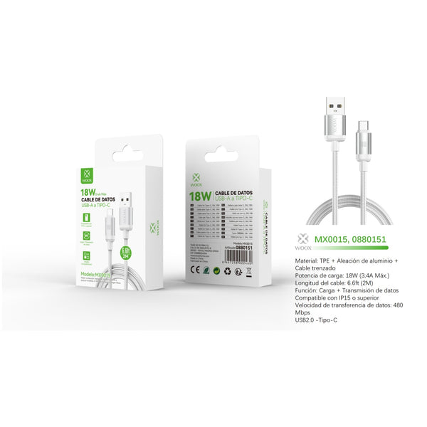 USB to Type C data cable 18 W 2 m white - MX0015 BL