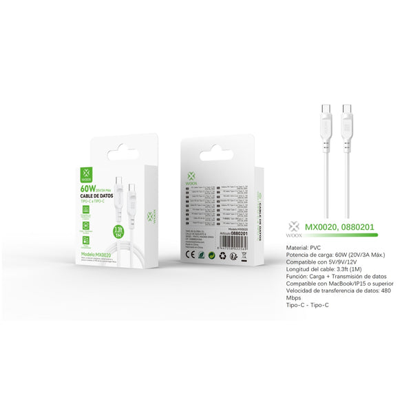 Type-C to Type-C data cable 60W 1m - white - MX0020 BL