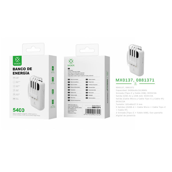 Power bank 5400 mAh 5 V 2 A with 4 ABS + PC cables - white - MX0137 BL