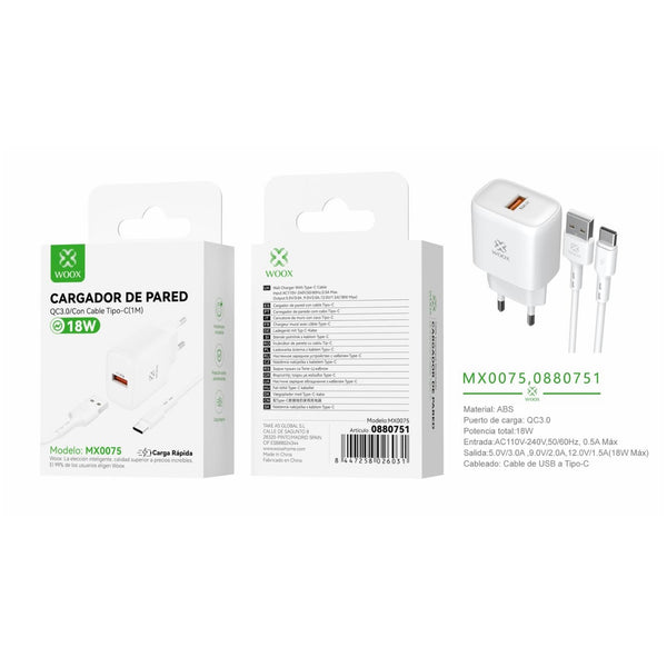 USB wall charger ¨2 single EU QC18W with USB to type C cable (white) - MX0075 BL