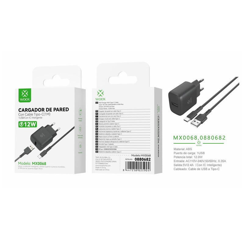 USB wall charger ¨2 single EU 5 V/2.4 A with USB to type C cable (black) - MX0068 NE