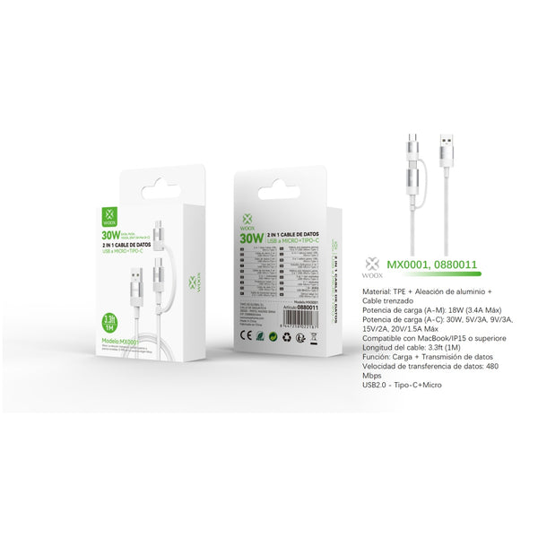 USB to Micro + Type-C 2-in-1 Data Cable 30W 1m - White - MX0001 BL