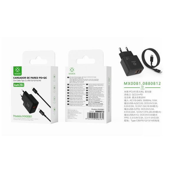 20 W UE QC+PD GaN wall charger with C-Lightning cable (black) - MX0081 NE