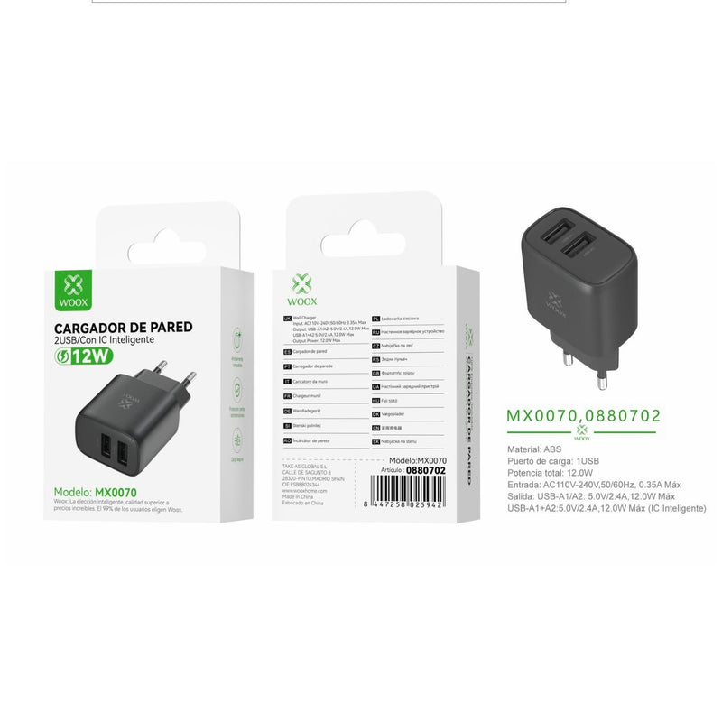 Dual USB EU charger 5V/2.4A cable - black - MX0070 NE