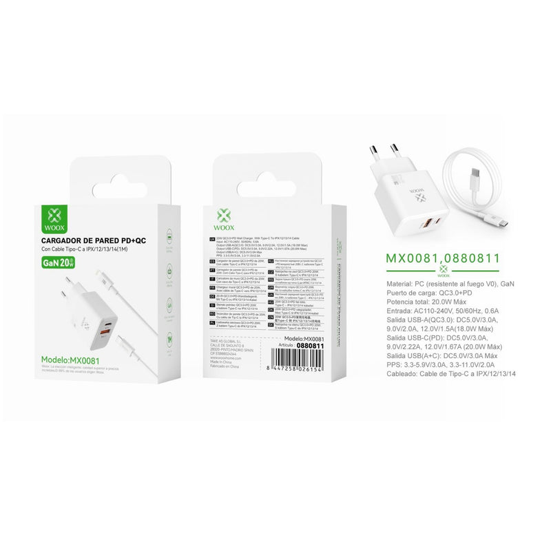 20 W UE QC+PD GaN wall charger with C-Lightning cable (white) - MX0081 BL