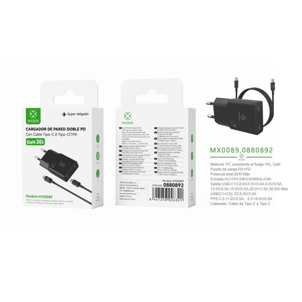 30 W UE PD+PD GaN wall charger with DC cable (black) - MX0089 NE
