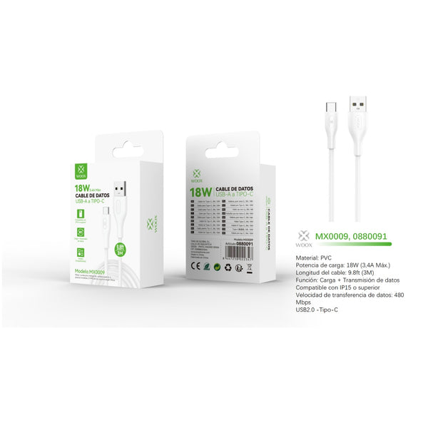 USB to Type-C data cable 18W 3m white - MX0009 BL