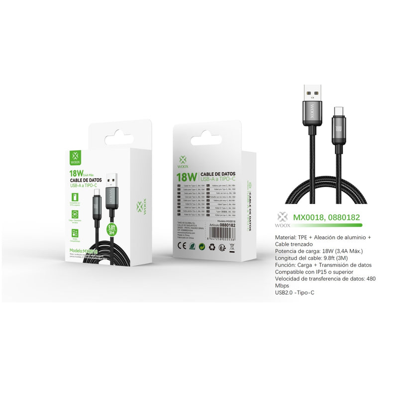 USB to Type C data cable 18 W 3 m black - MX0018 NE