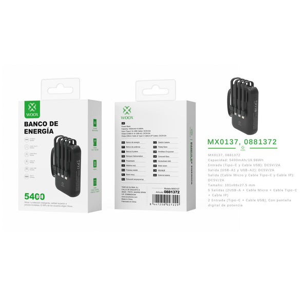 Power bank 5400 mAh 5 V 2 A with 4 ABS + PC cables (black) - MX0137 NE