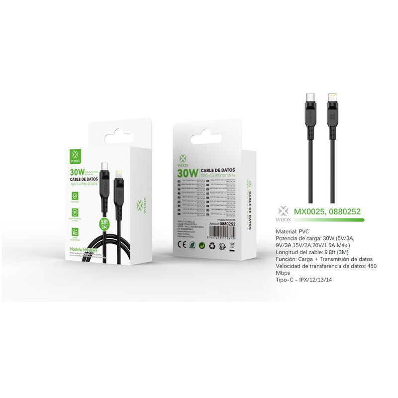 Type-C to Lightning Data Cable 30W 3m - Black - MX0025 NE