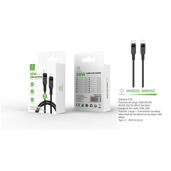 Type-C to Lightning Data Cable 30W 3m - Black - MX0025 NE