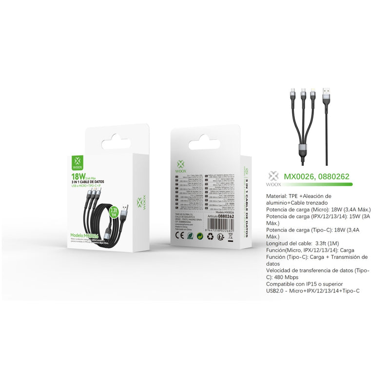 Data cable 3 in 1 USB to Micro+Type C+Lightning 18 W 1 m - Black - MX0026