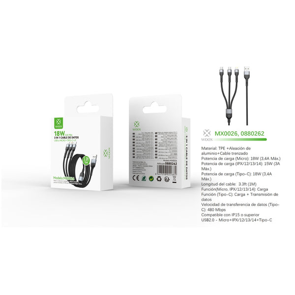 Data cable 3 in 1 USB to Micro+Type C+Lightning 18 W 1 m - Black - MX0026