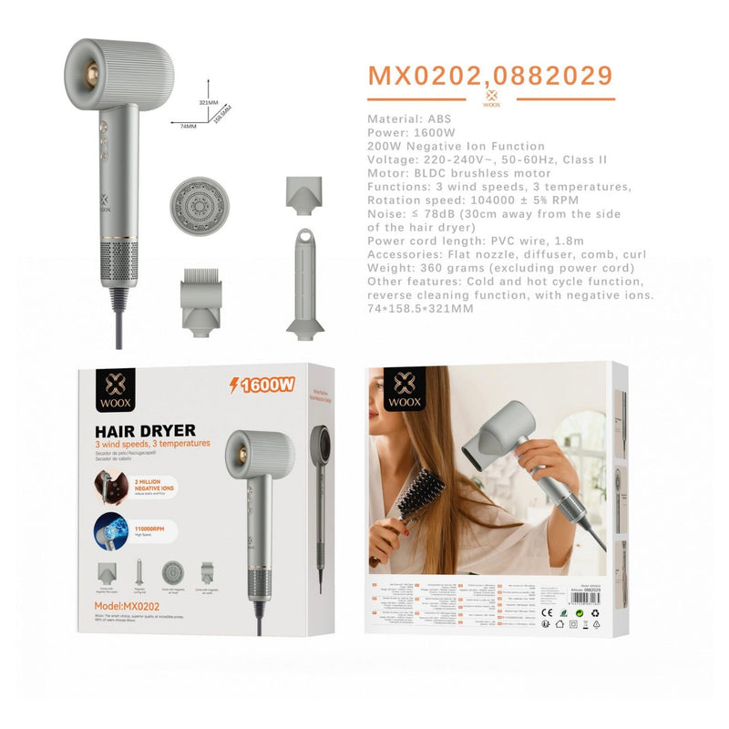 Electric Hair Dryer 1600W 3 wind speeds, 3 temperature levels with access - MX0202