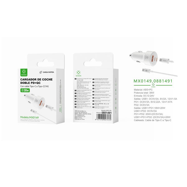 38 W PD*2+QC coach charger with C-C cable (white) - MX0149 BL