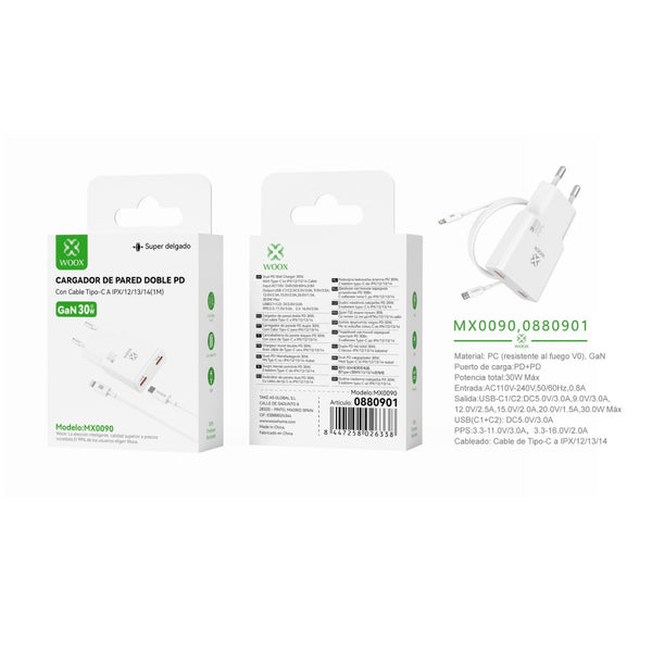 30 W EU PD+PD GaN wall charger with C-Lightning cable (white) - MX0090 BL