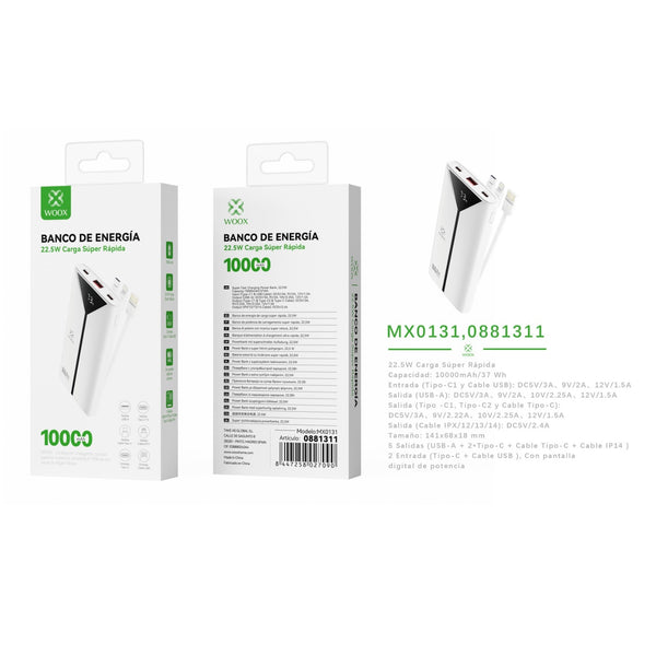 Power bank 10000 mAh 22.5 W with 3 cables ABS + PC-white - MX0131 BL