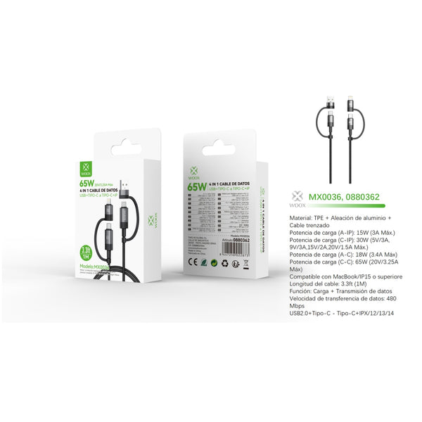 Data cable 4 in 1 USB+Type C to Type C+Lightning 65W 1 m - Black - MX0036 NE