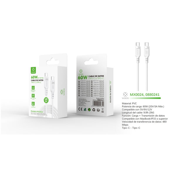 Type-C to Type-C data cable 60W 3m - white - MX0024 BL