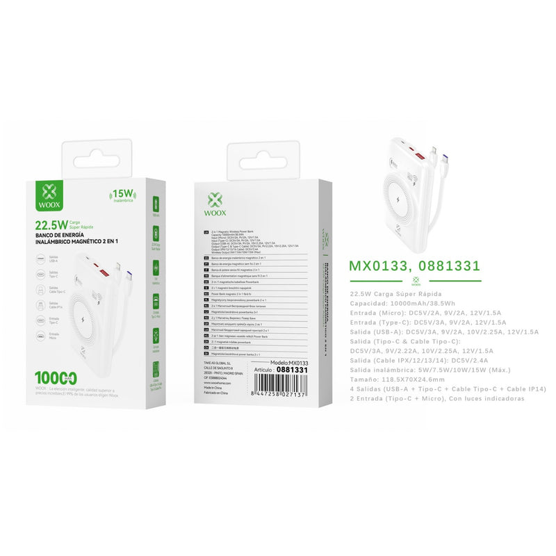 2 in 1 power bank and wireless charge 10000 mAh 22.5 W, wireless charge 15 W white - MX0133 BL