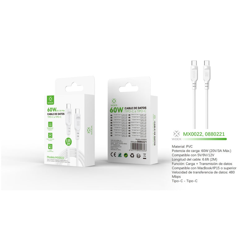 Type-C to Type-C data cable 60W 2m - white - MX0022 BL