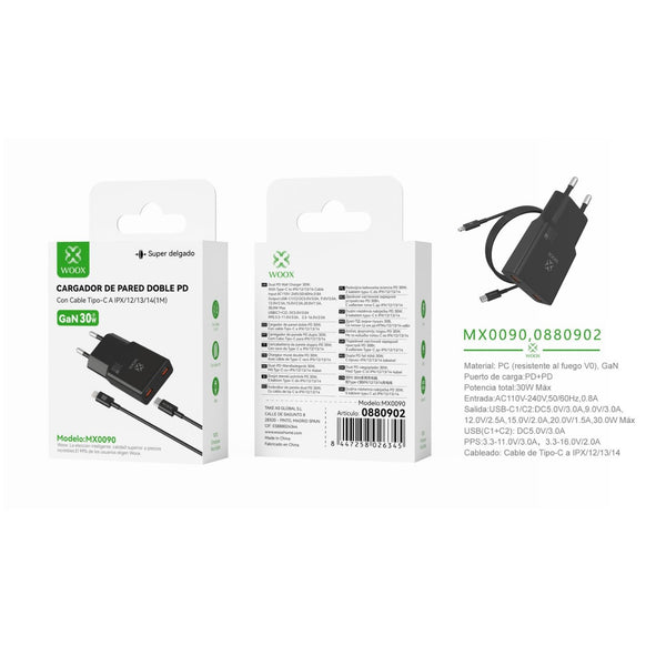 30 W UE PD+PD GaN wall charger with C-Lightning cable (black) - MX0090 NE