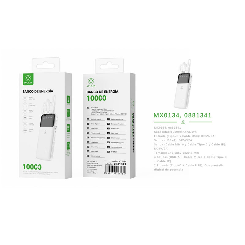 Power bank 10000 mAh 5 V 2 A with 4 ABS + PC cables (black) - MX0134 BL