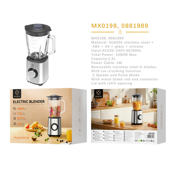 Electric blender 1000W 1500ml crystal jug 2 speeds - plated - MX0198