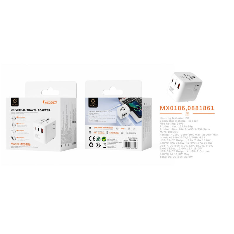 PD 20W universal travel adapter with 2 Type-C ports + 1 USB - white - MX0186