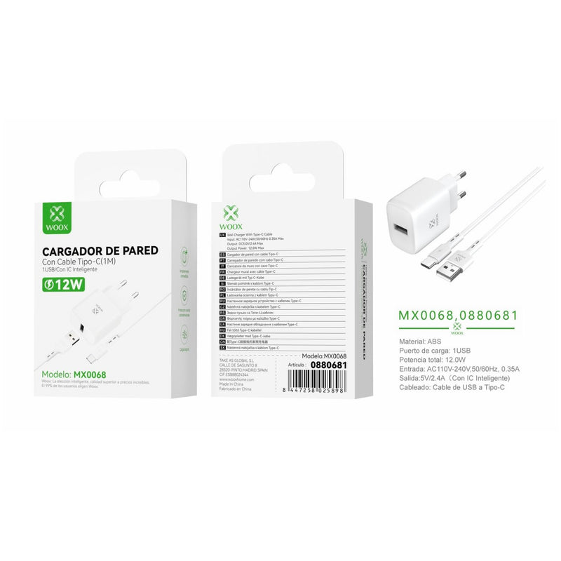 USB wall charger ¨2 single EU 5 V/2.4 A with USB to type C cable (white) - MX0068 BL