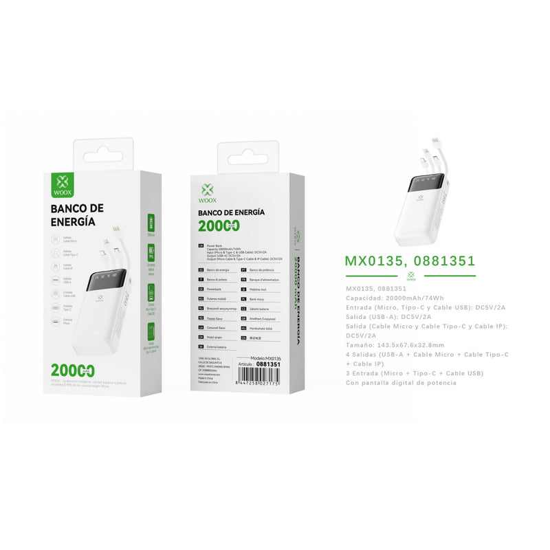 Power bank 20000 mAh 5 V 2 A with 4 ABS + PC cables - white - MX0135 BL