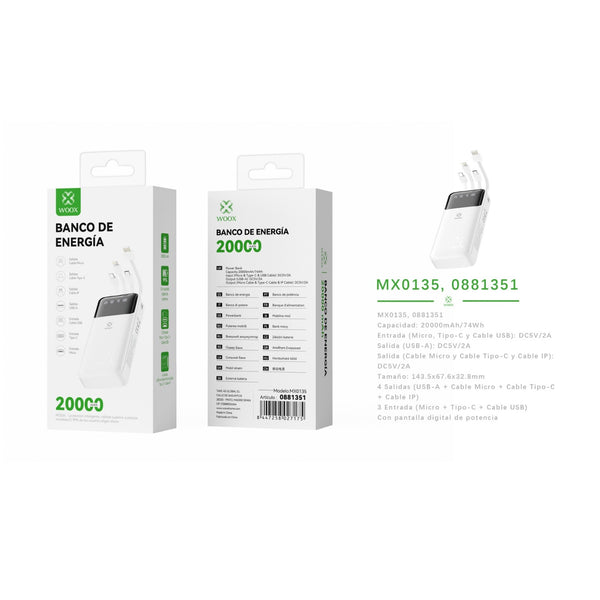 Power bank 20000 mAh 5 V 2 A with 4 ABS + PC cables - white - MX0135 BL