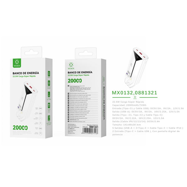 Power bank 20000 mAh 22.5 W with 3 cables ABS + PC-white - MX0132 BL